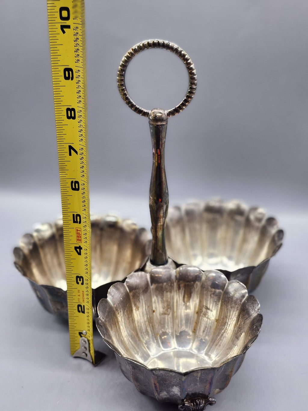 Alberti Triple Dipping Bowl Set Silver Metal Italy Handle Footed Kitchen Table