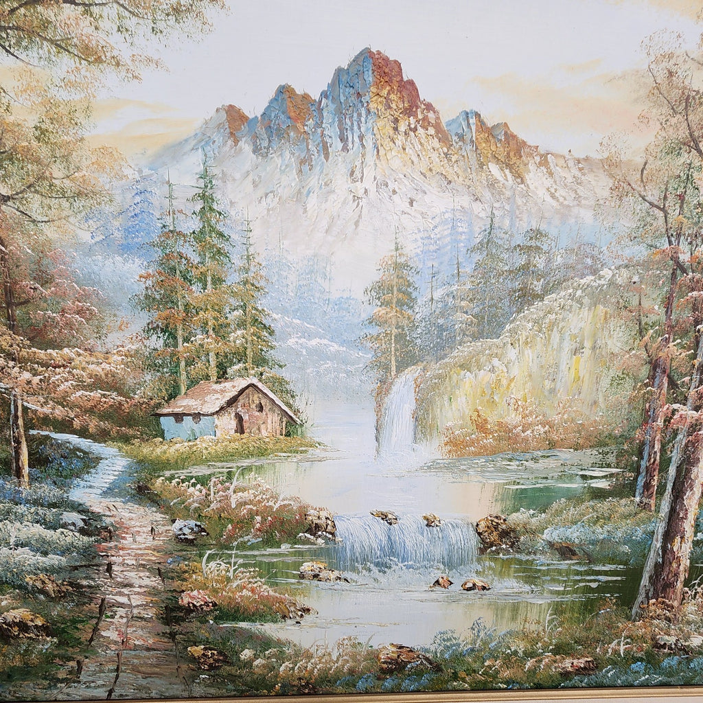Vintage Large Framed Mountain Landscape Oil Painting on Canvas 41” x 29”