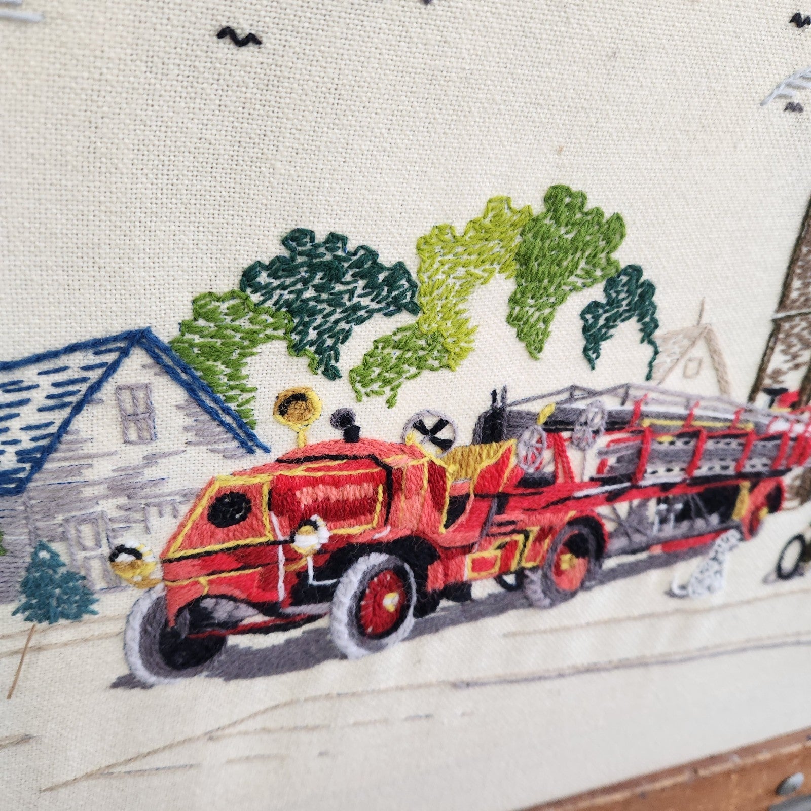 Vintage 1976 National Paragon Fire Truck Crewel Embroidery Wall Art 20” x 16”