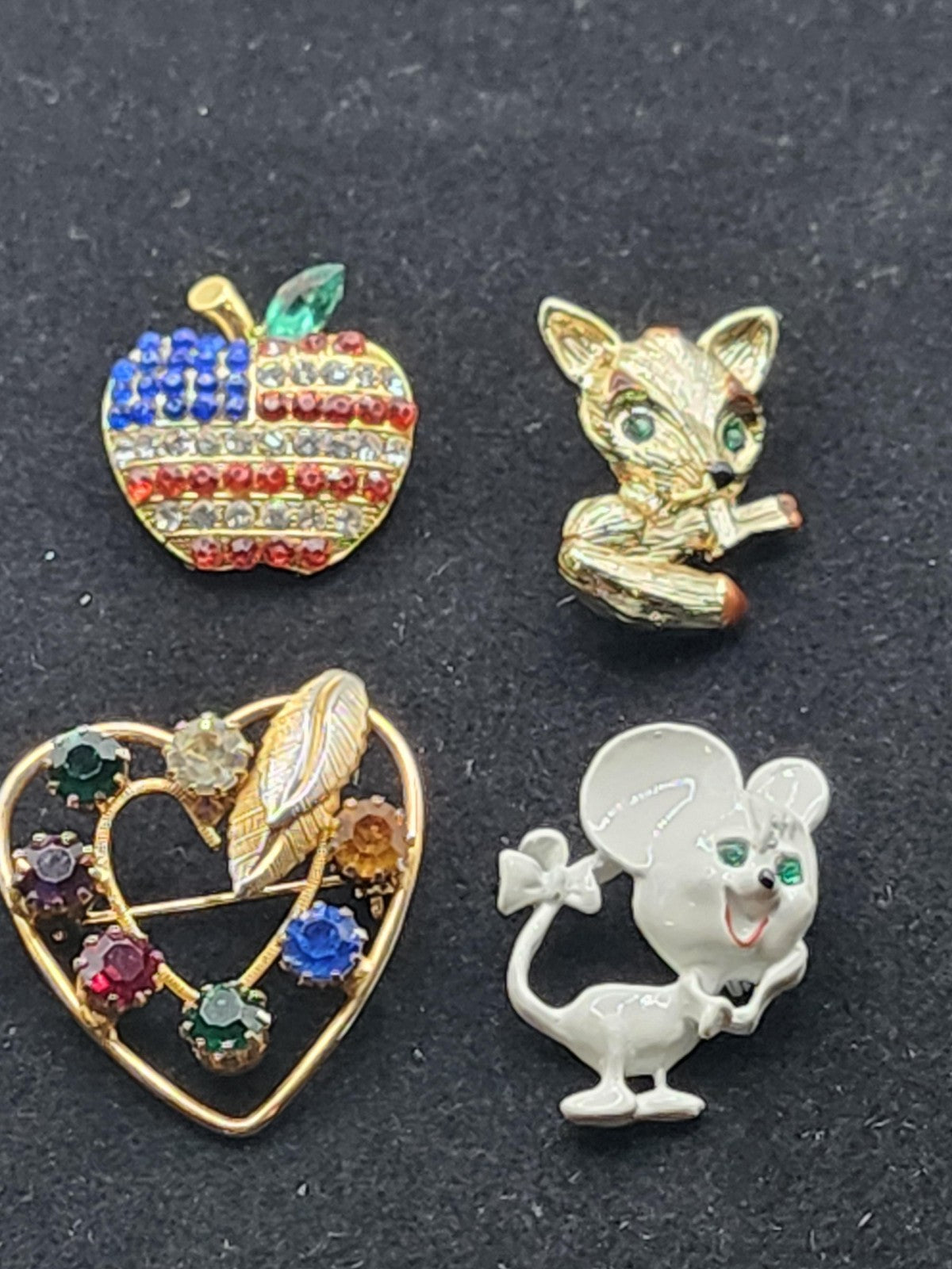 Brooch Pin Lot Apple Flag Cat Mouse Heart Gold Tone Multicolor Rhinestone 4pc