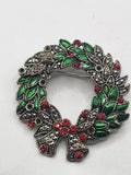 KC Wreath Brooch Green Enamel Red Crystal Holiday Christmas Pin Costume Jewelry