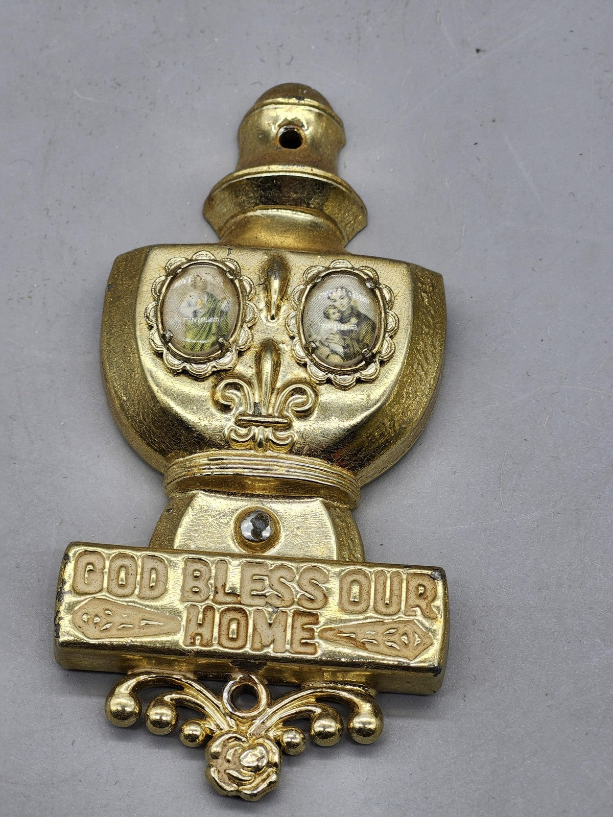 Vintage God Bless Our Home Wall Plaque Gold Tone Virgin Mary Catholic Decor