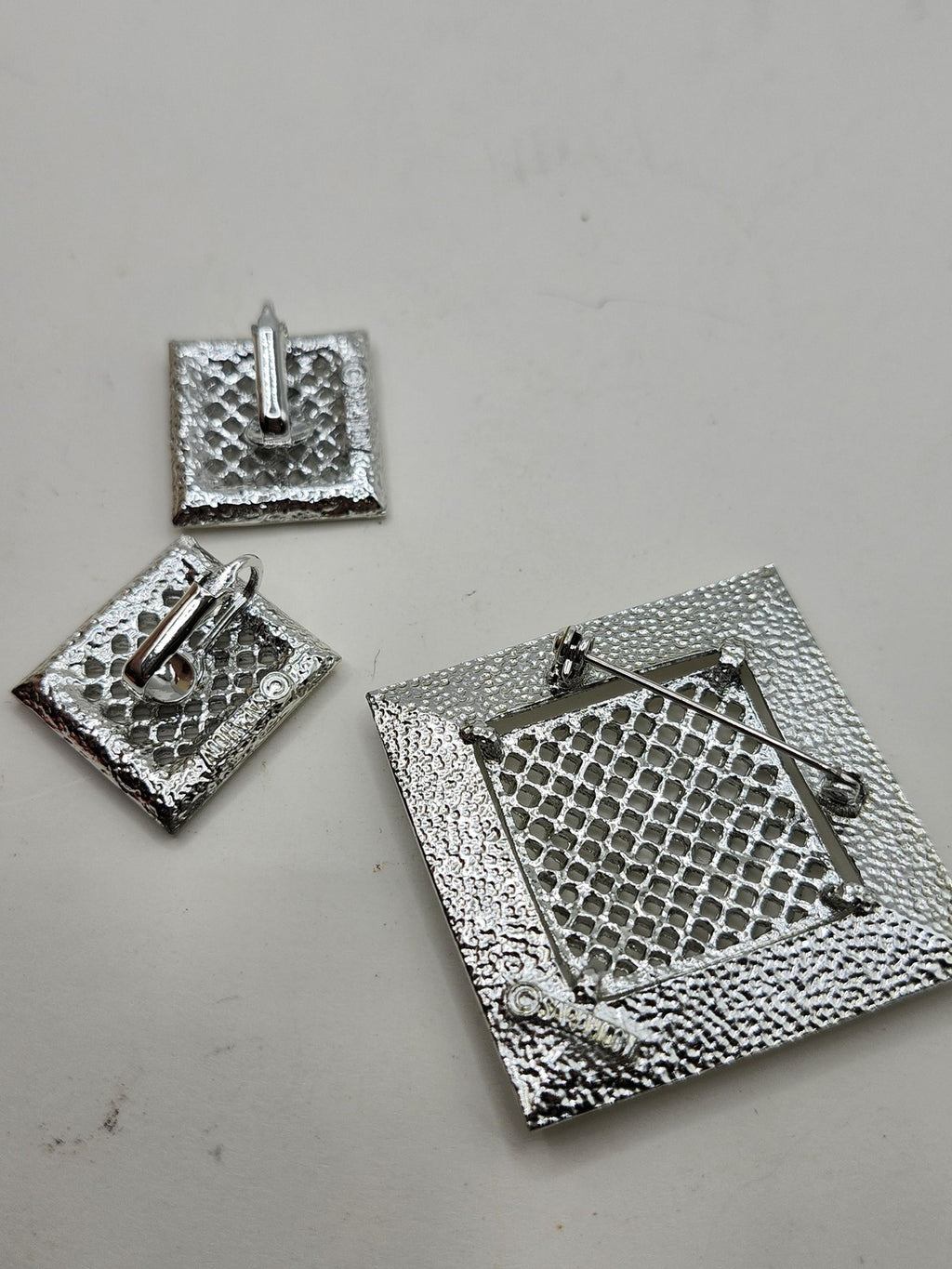 Vintage Sarah Coventry Brooch Earrings Set Silver Tone Square Modernist Jewelry