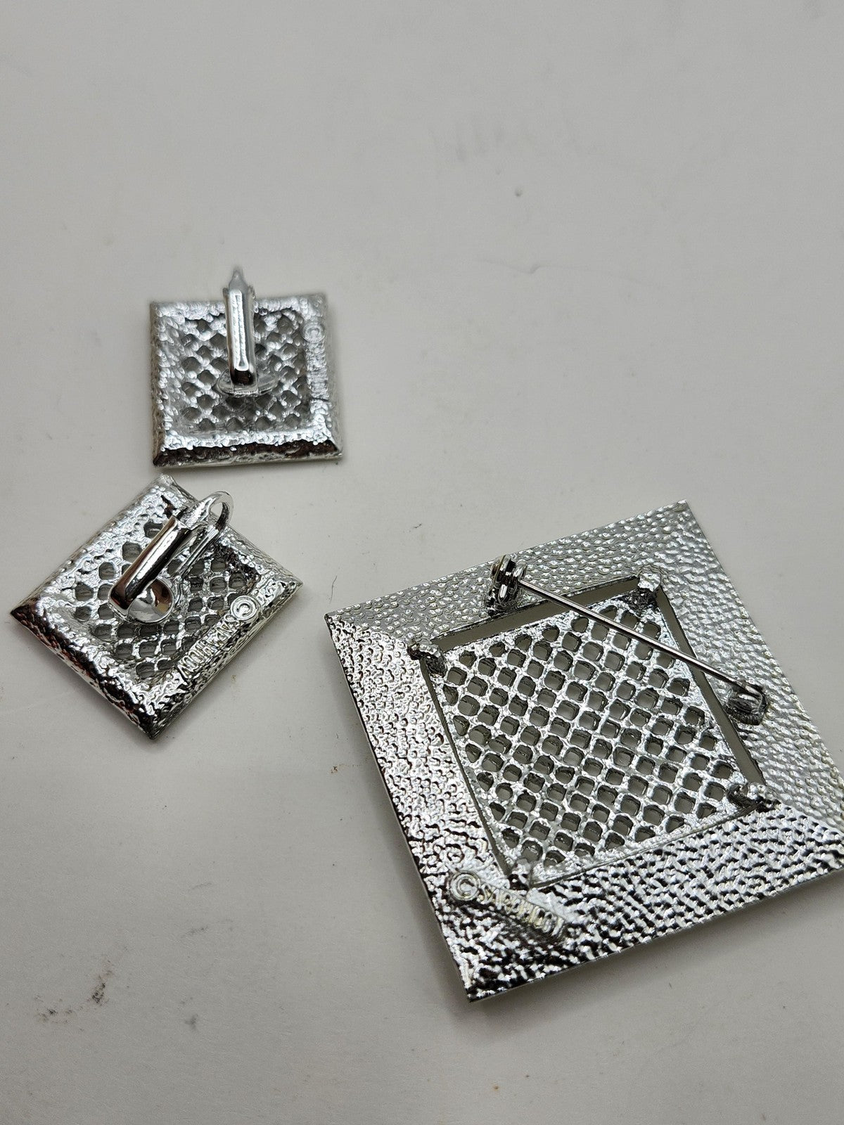 Vintage Sarah Coventry Brooch Earrings Set Silver Tone Square Modernist Jewelry