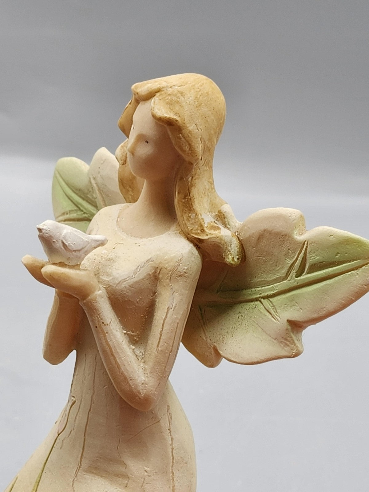 Kneeling Angel Figurine Small Beige Green Bird Floral Resin Rustic Home Decor
