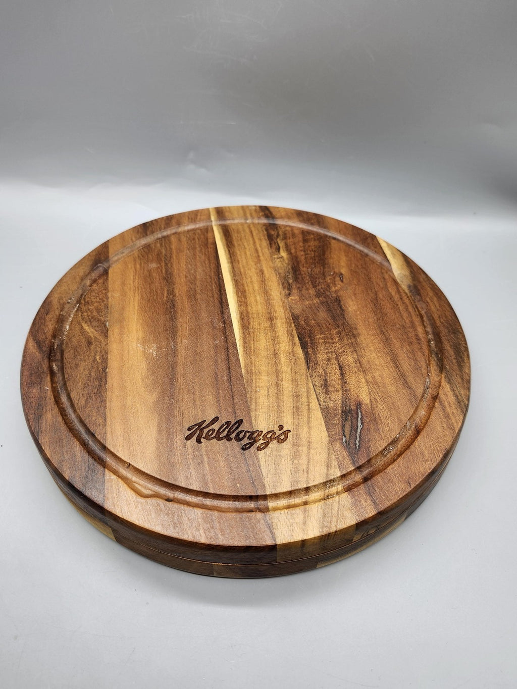 Kellogg's Wood Cheese Board Set Medium Brown Round Grooved Stainless Knives 5pc