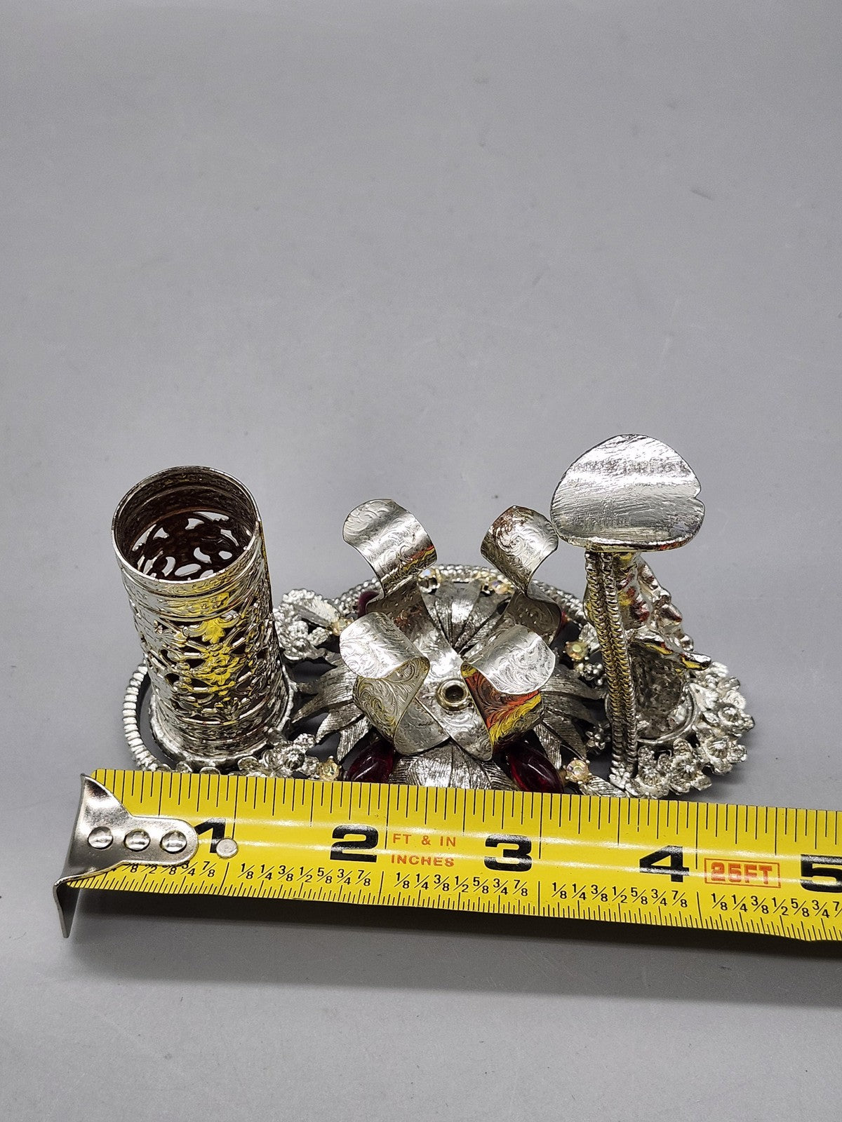 Vintage SF Lady Lipstick Holder Ring Stand Silver Tone Red Rhinestone Vanity USA