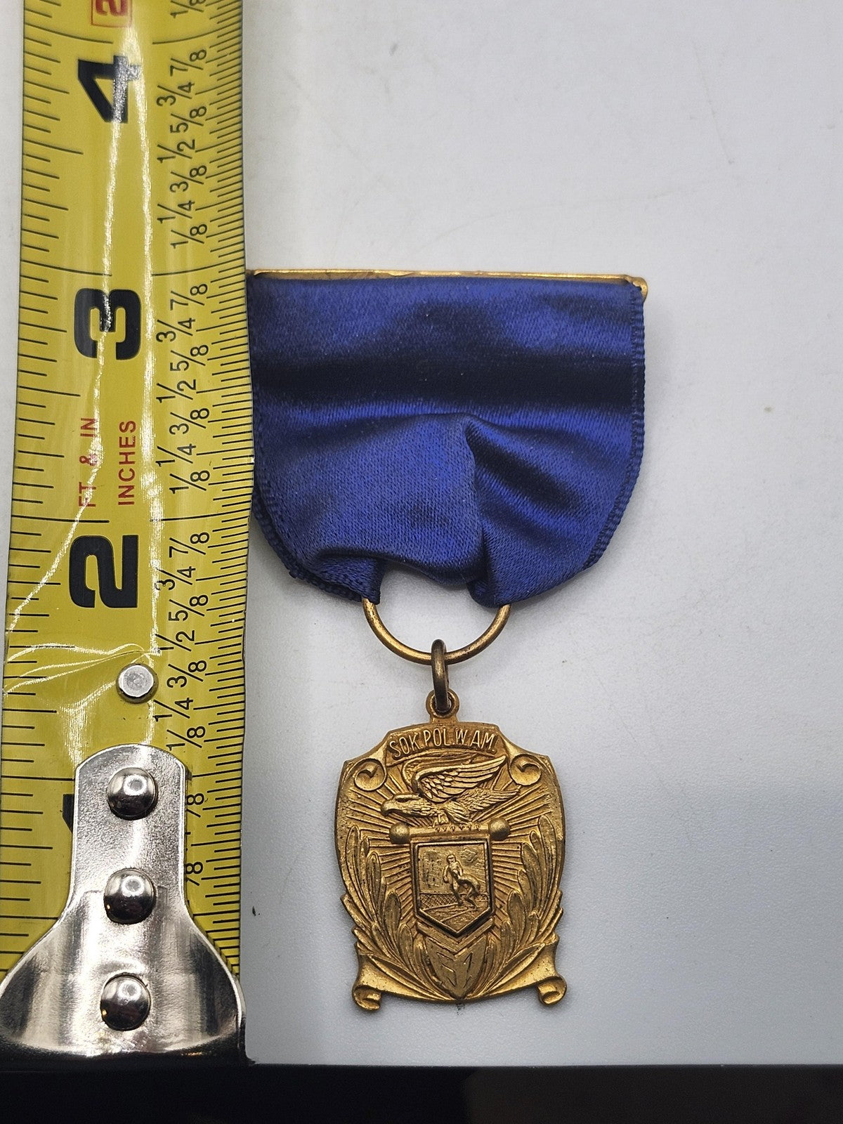 Vintage SOK POL W.AM Medal Blue Ribbon Gold Tone Eagle Shield Award Pendant