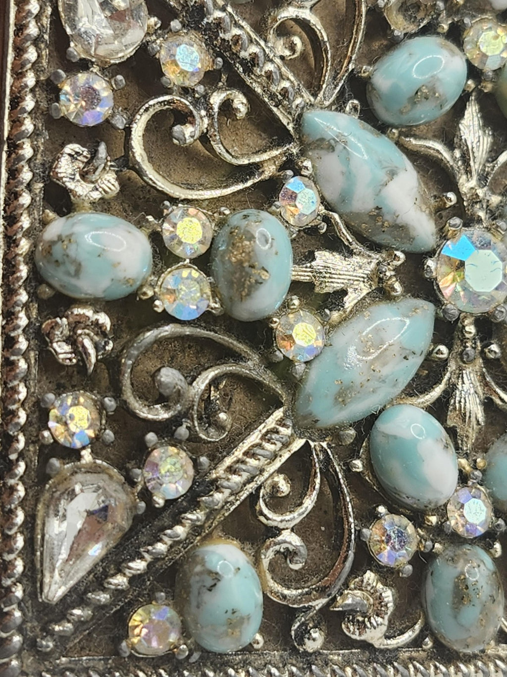 Vintage S F Co 5th Avenue Jeweled Powder Compact Turquoise Rhinestones Metal