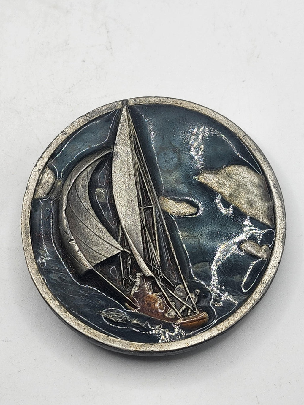 Vintage 1977 Bergamot Brass Works Sailboat Belt Buckle Pewter Blue Nautical