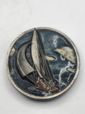 Vintage 1977 Bergamot Brass Works Sailboat Belt Buckle Pewter Blue Nautical