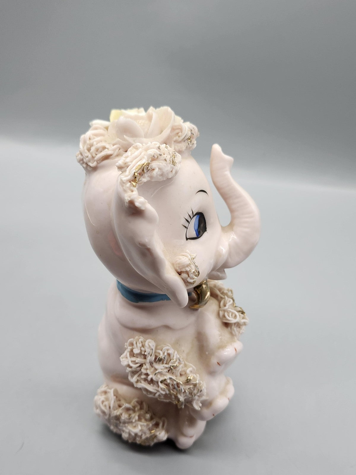 Vintage Pink Porcelain Elephant Figurine Spaghetti Flowers Blue Bow Collectible