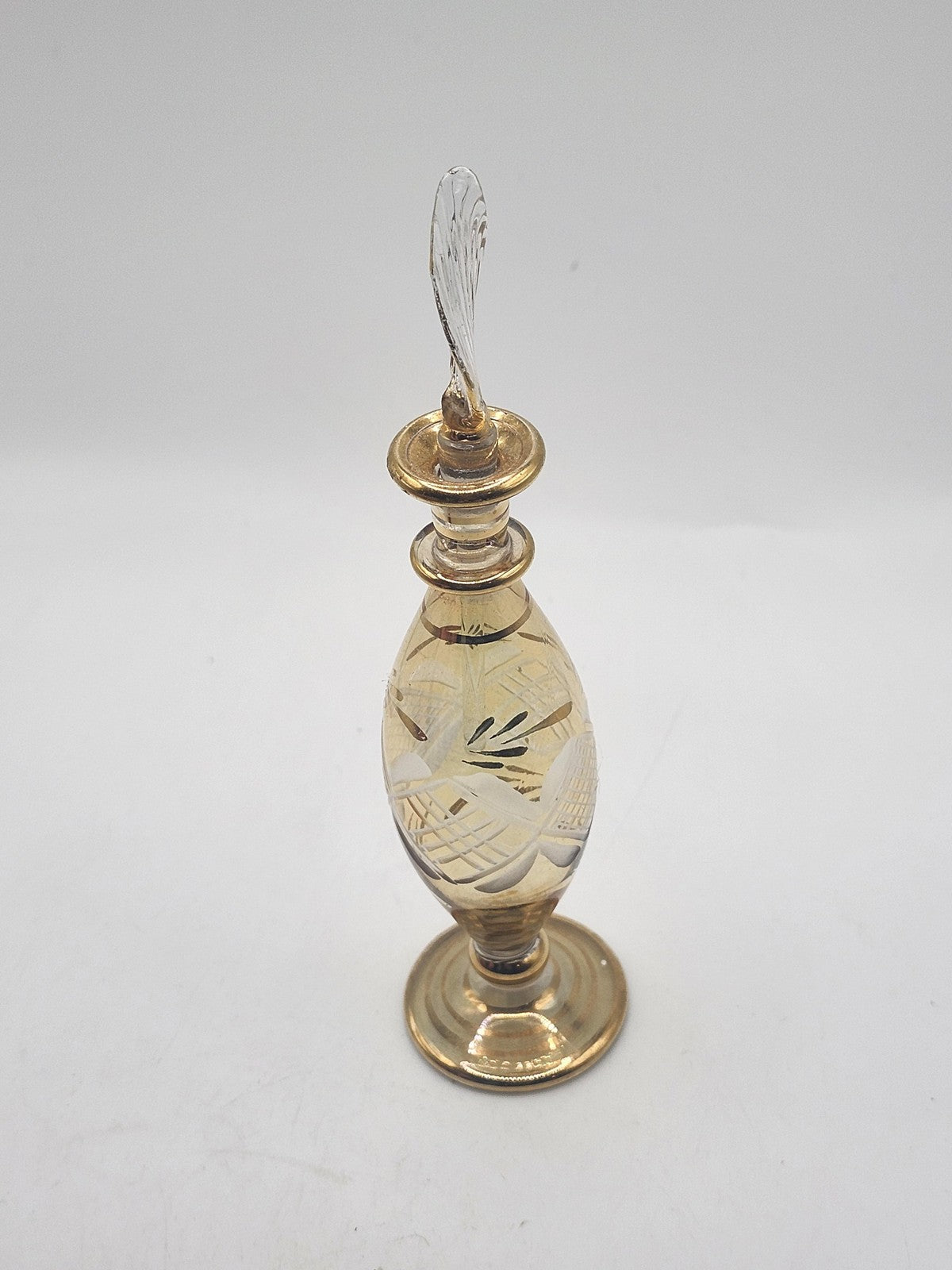 Vintage DeVilbiss Glass Perfume Bottle Gold Etched Floral Stopper USA Decor