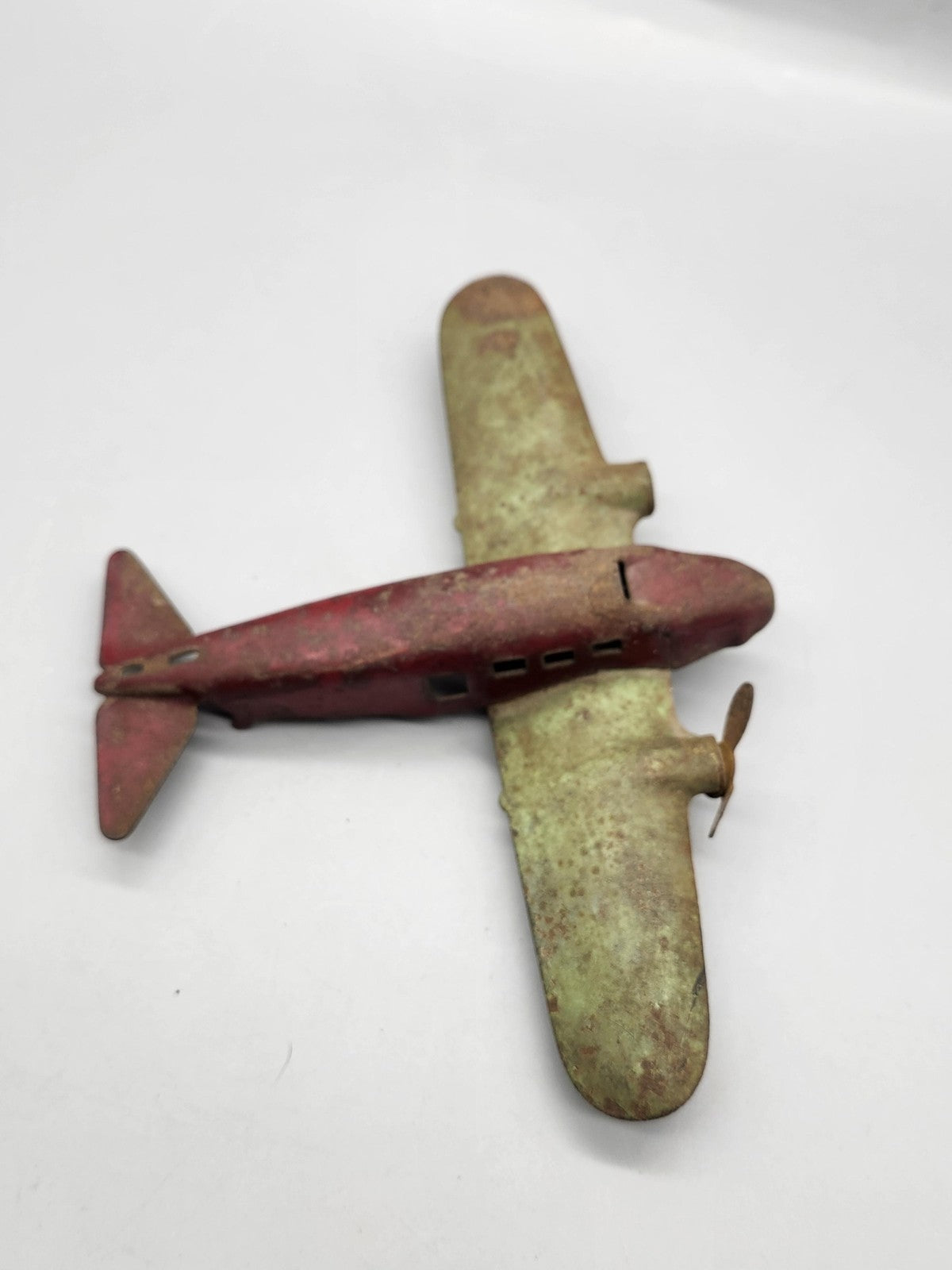 Vintage Cast Iron Airplane Toy Small Red Green Propeller Plane Collectible Decor