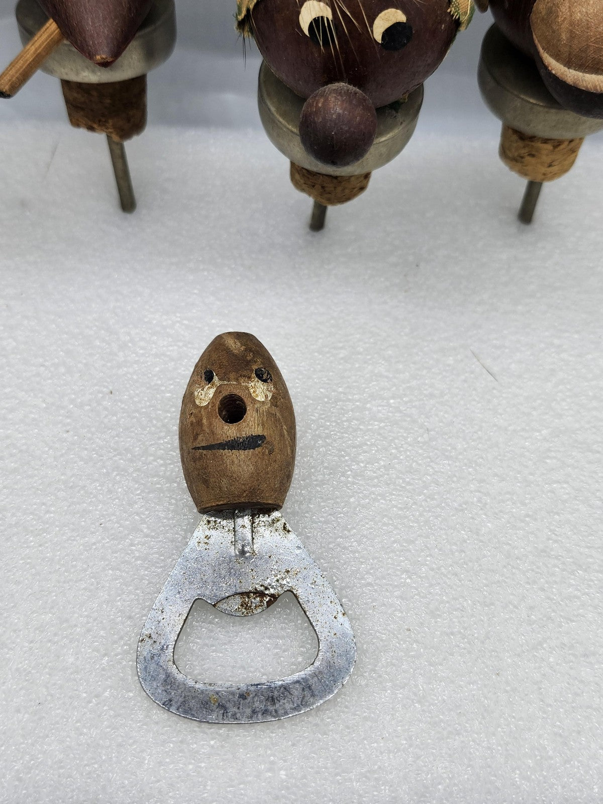 Vintage Wood Bottle Stopper Set Brown Character Faces Bottle Opener Bar Decor