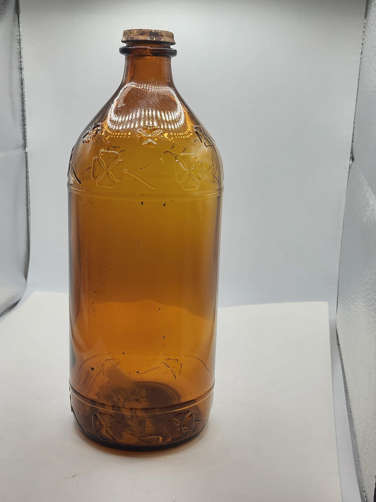 Vintage Large Amber Brown Glass Bottle Embossed Clover Flowers Cork Decor