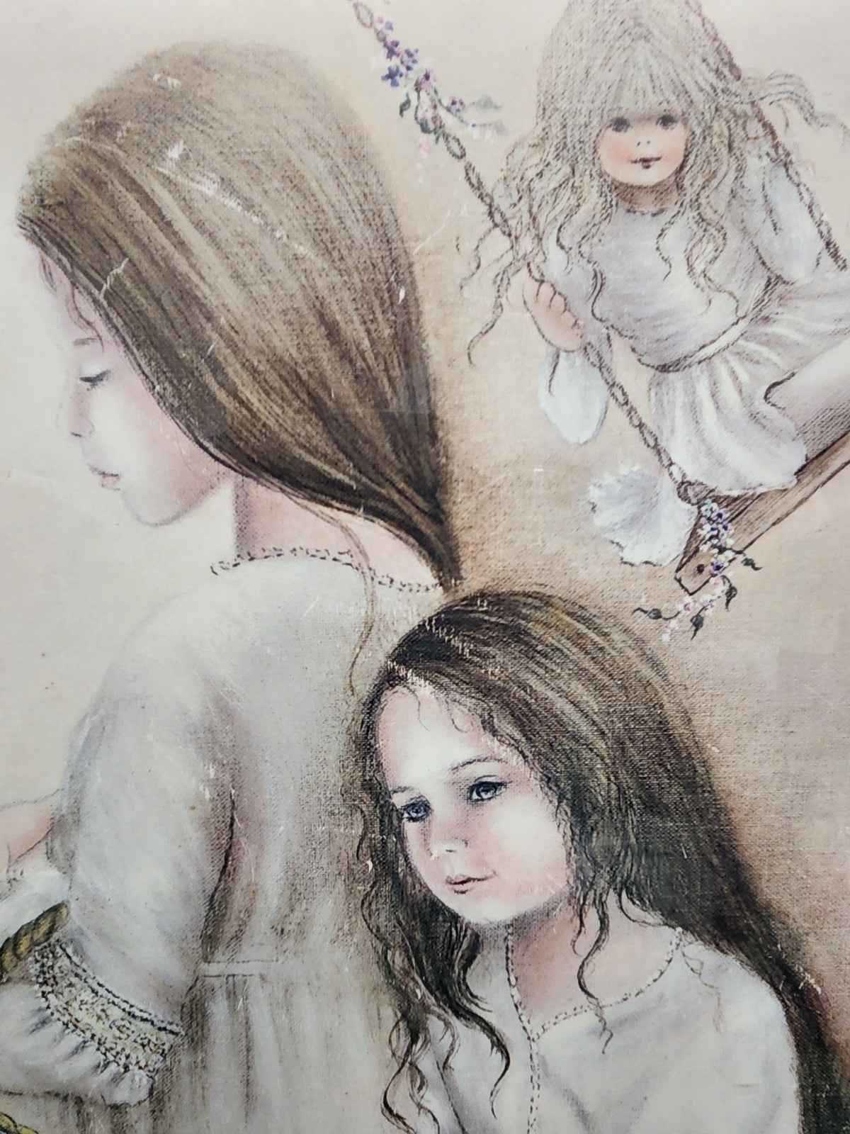 Vintage Margaret Kane Framed Print Wall Art 25” x 31” Cottagecore Girls
