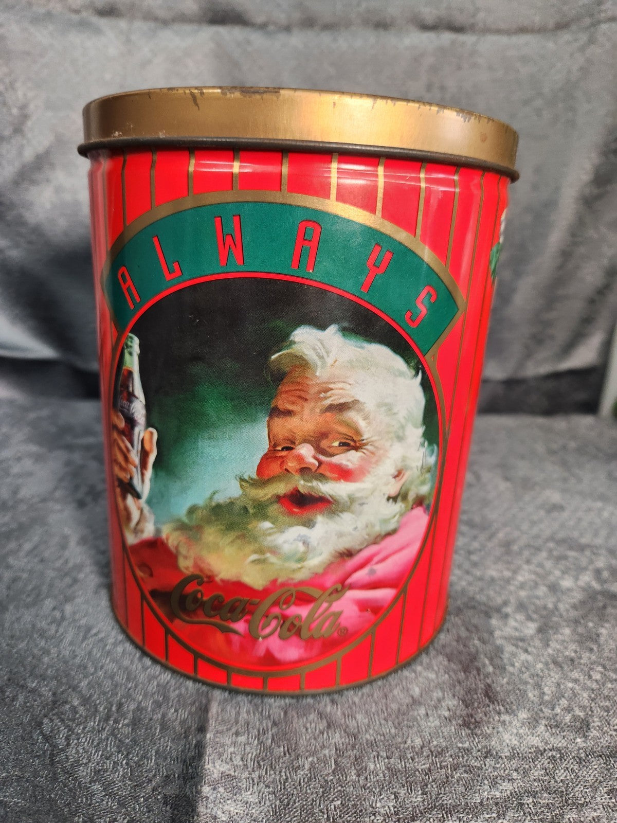 Vintage Coca-Cola Santa Tin Cookie Canister Christmas Coke Advertising Container