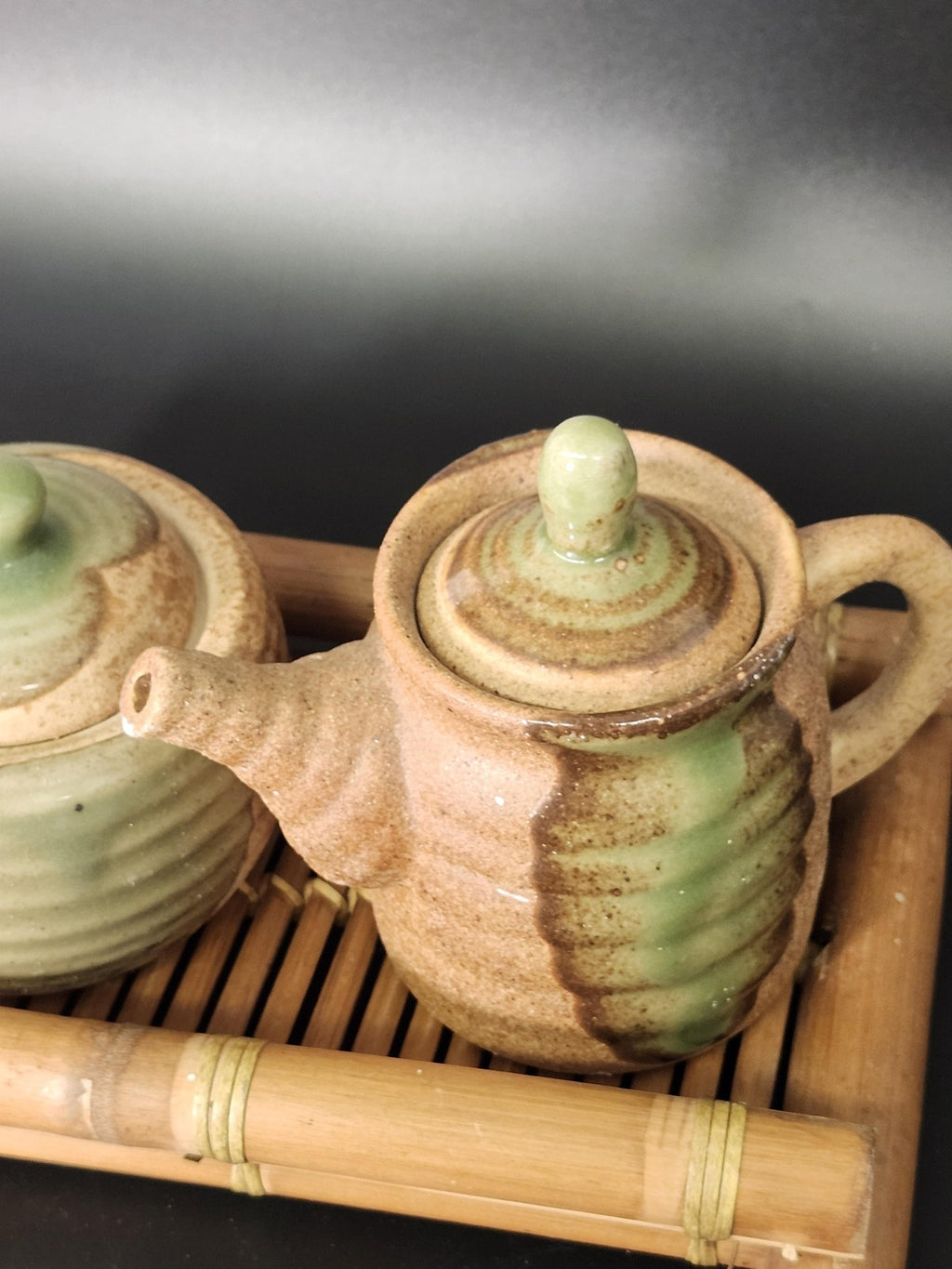 Stoneware Japanese Tea Set Brown Green Glaze Bamboo Tray Small Table Decor