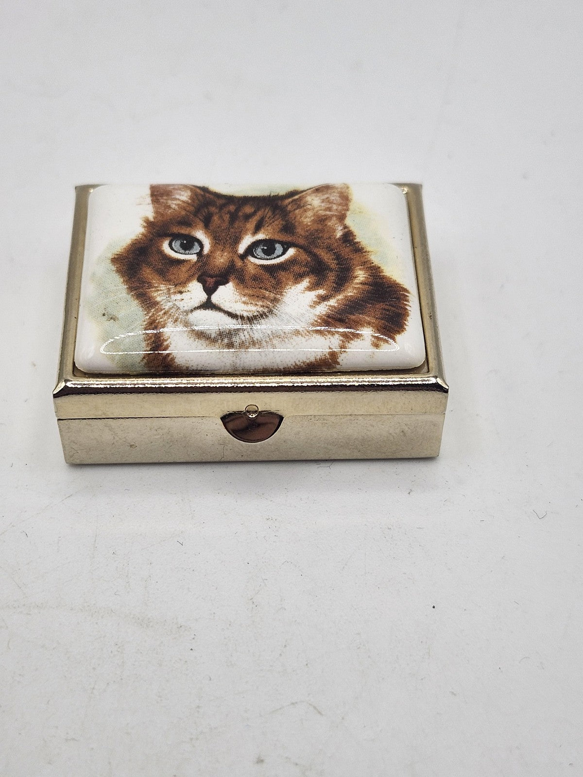 Cat Portrait Pill Box Small Silver Tone Metal Rectangular Trinket Decor