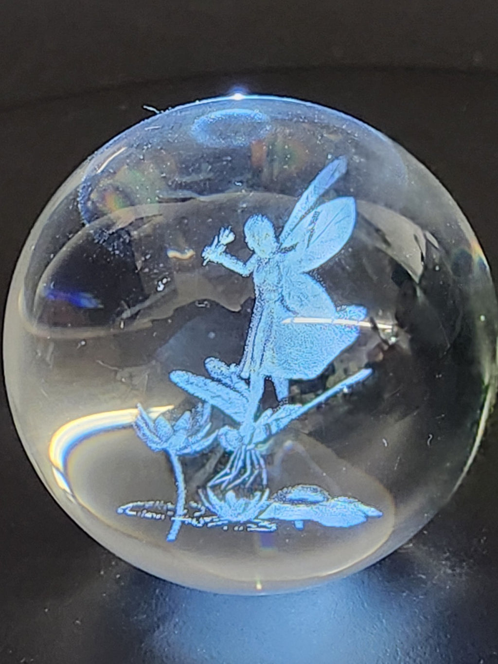 3D Laser Etched Crystal Ball Fairy Riding Dragonfly Paperweight 2.5"