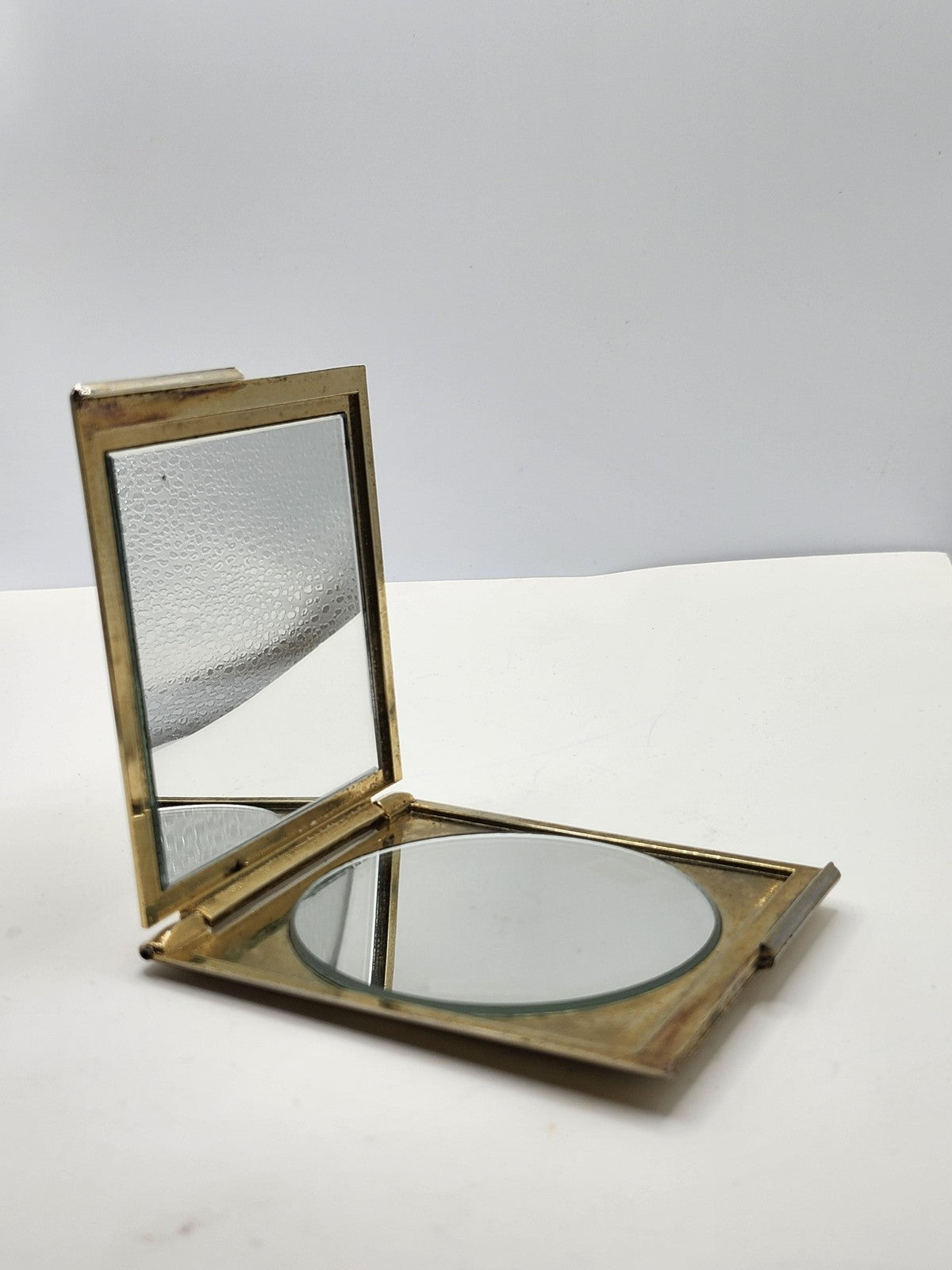 Vintage Square Compact Mirror Gold Tone Metal Double Folding Vanity Case Decor