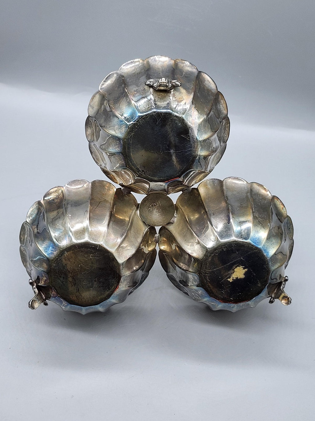Alberti Triple Dipping Bowl Set Silver Metal Italy Handle Footed Kitchen Table