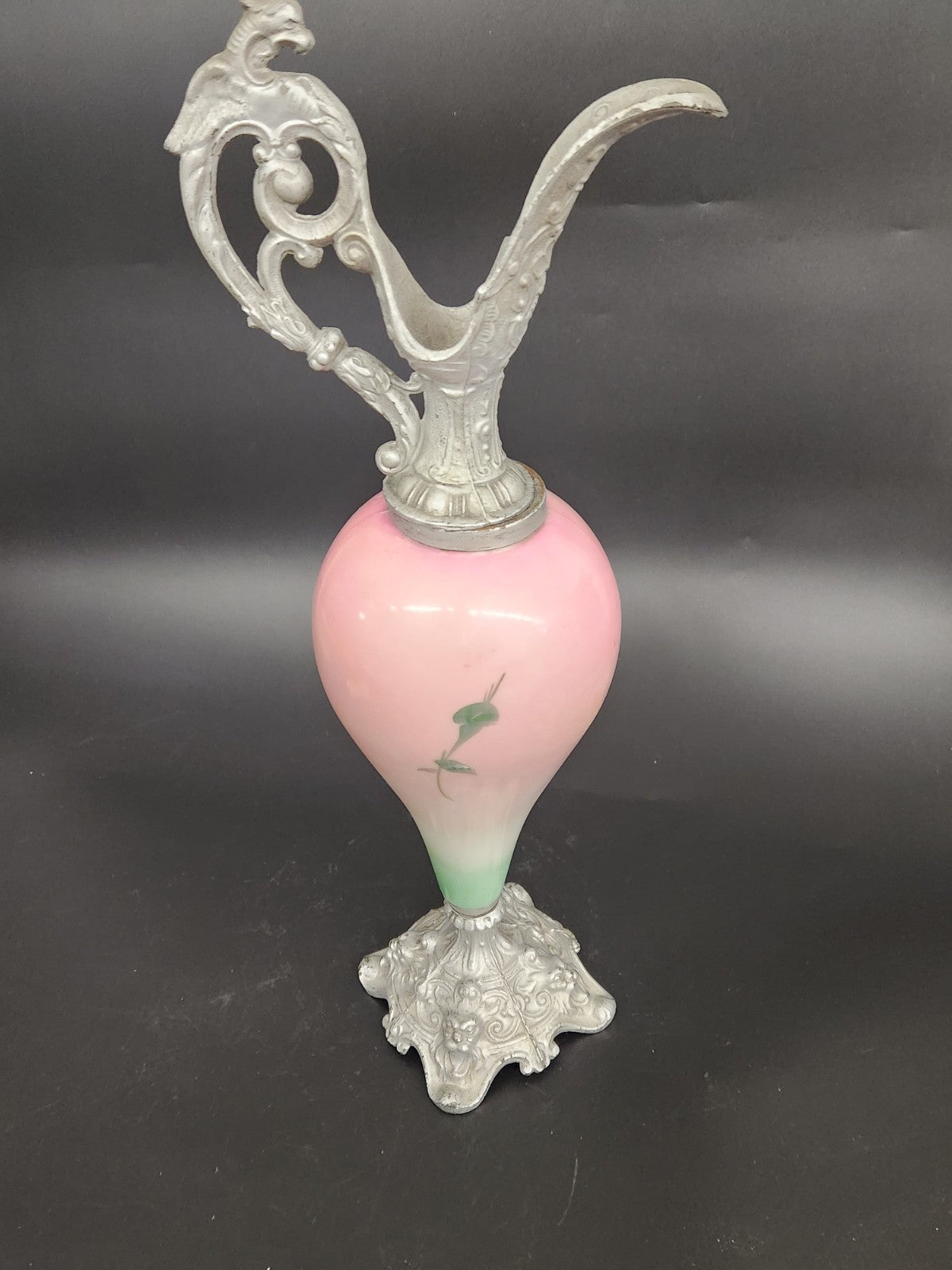 Vintage Hand Painted Floral Ewer Pitcher – Ornate Metal Gargoyle Handle Pink...