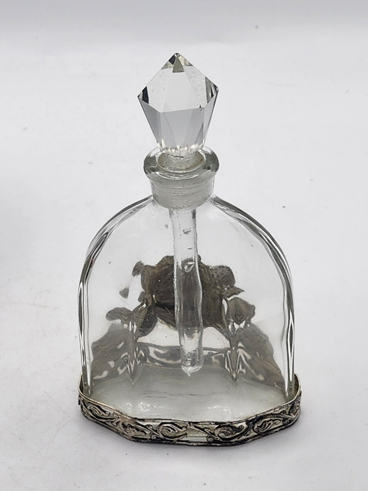 Vintage DeVilbiss Perfume Bottle Cherub Metal Base Clear Stopper Vanity Decor