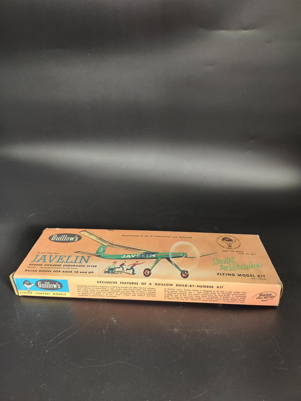 Vintage Guillows Javelin Balsa Airplane Model Kit Brown Box Parts Repair