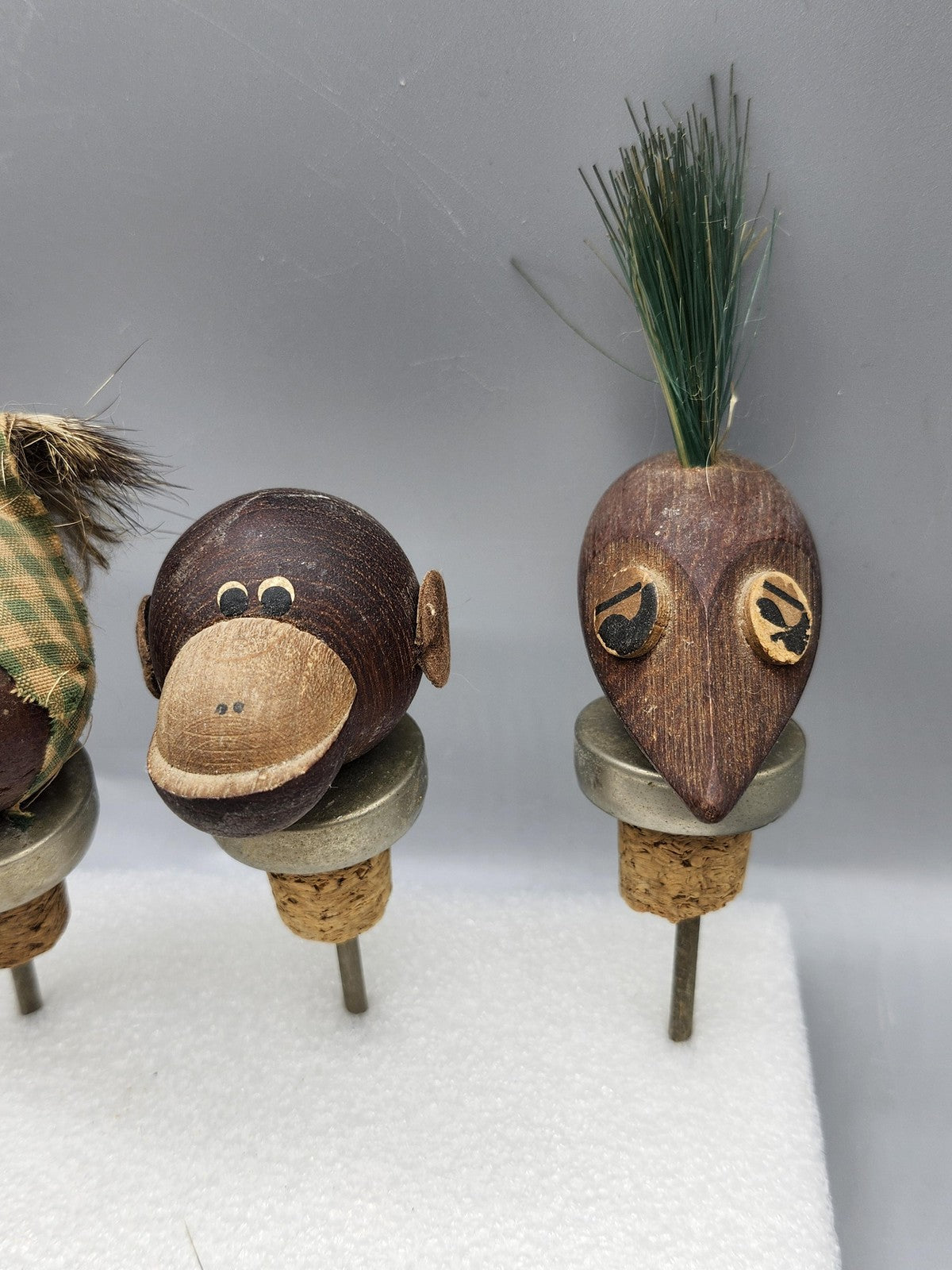 Vintage Wood Bottle Stopper Set Brown Character Faces Bottle Opener Bar Decor