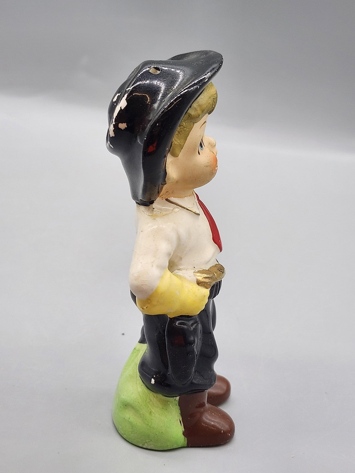 Vintage Cowboy Boy Salt Shaker Figurine Ceramic Black Hat Red Tie Japan Decor