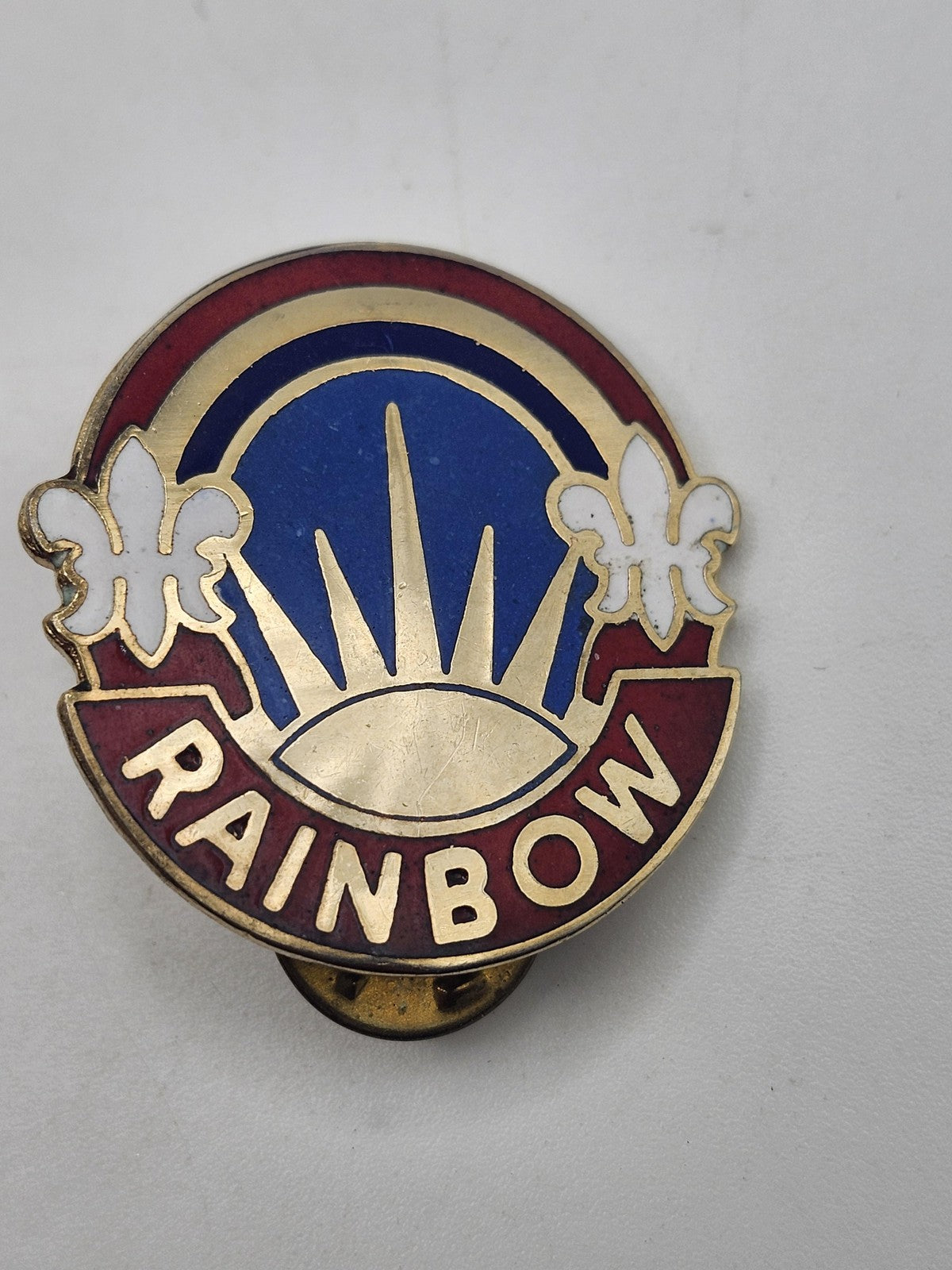 Vintage Rainbow Enamel Lapel Pin Small Blue Red Gold Tone Fleur De Lis Badge