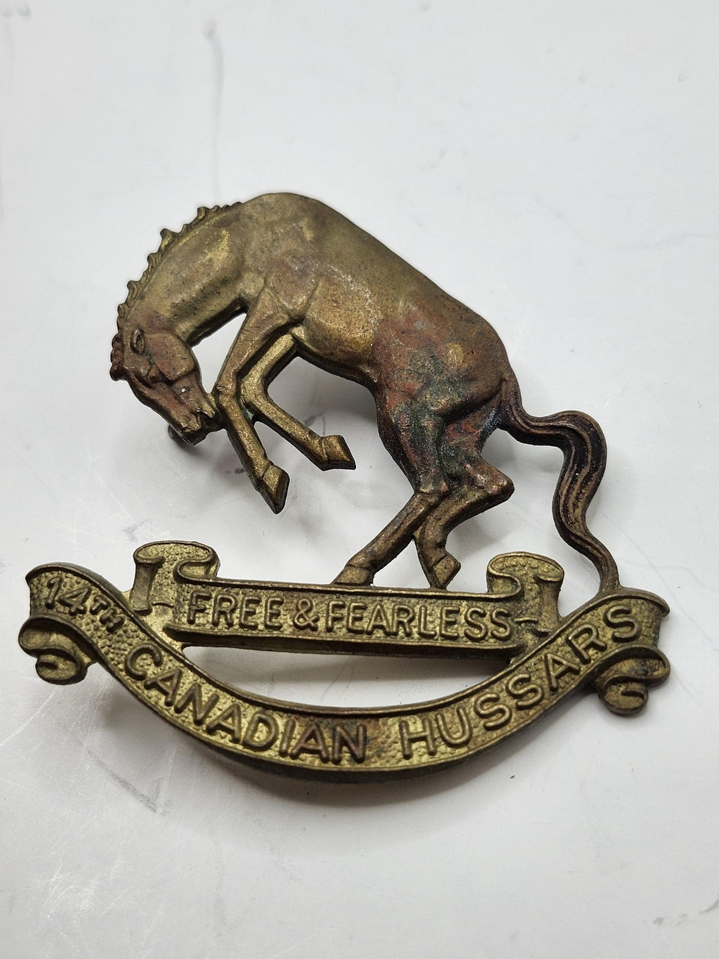 Vintage 14th Canadian Hussars Free & Fearless Cap Badge Brass Canada Militaria