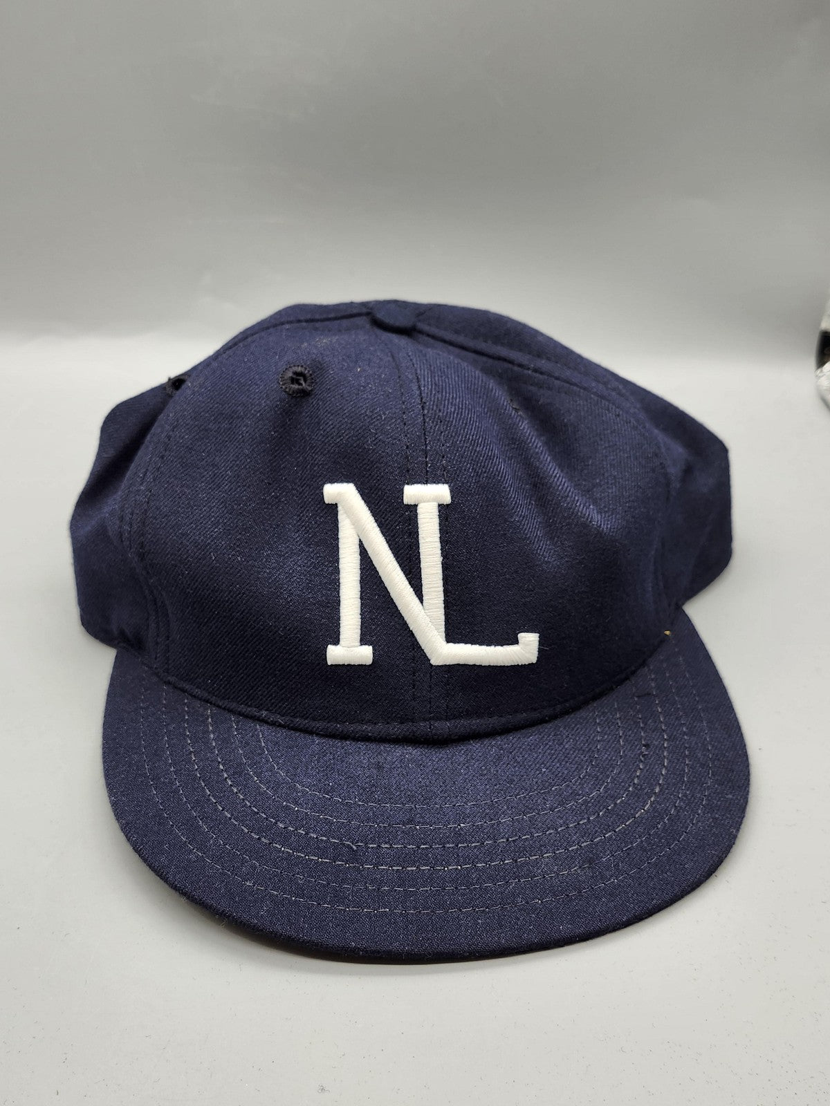 Vintage New Era NL Hat Cap Fitted Mens 6 7/8 Blue Wool Leather Baseball 80s