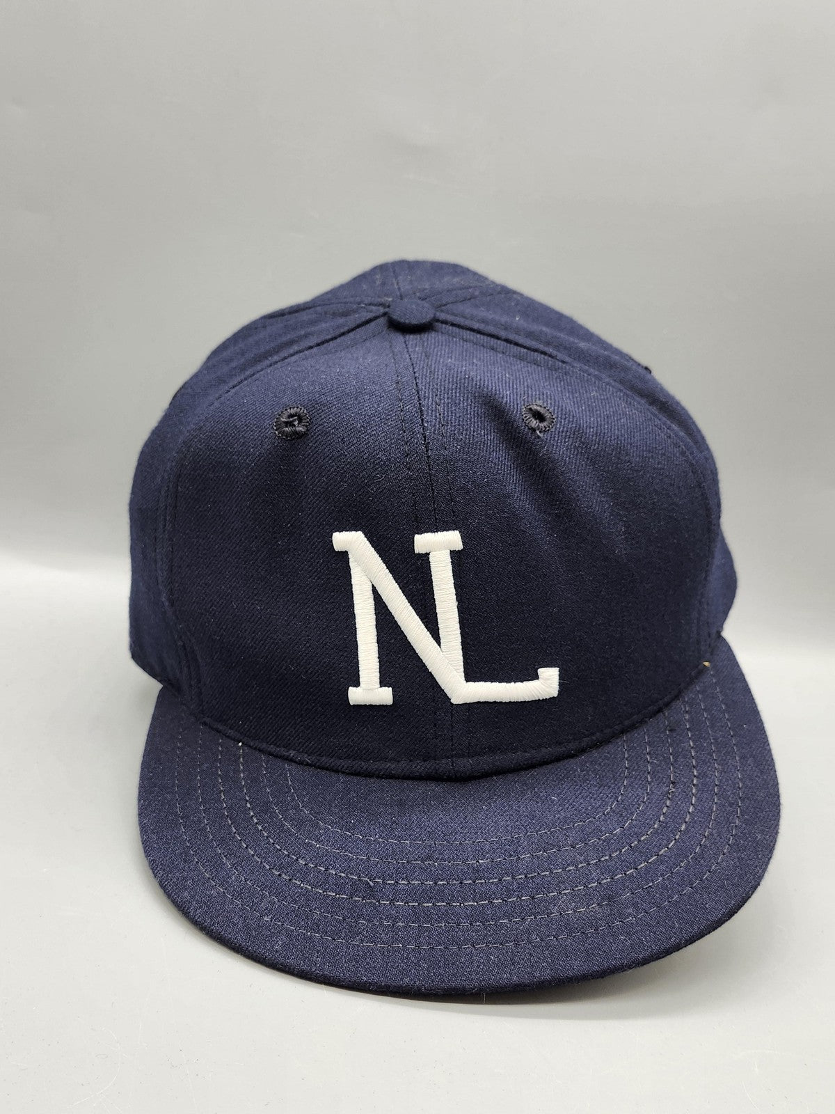 Vintage New Era NL Hat Cap Fitted Mens 6 7/8 Blue Wool Leather Baseball 80s