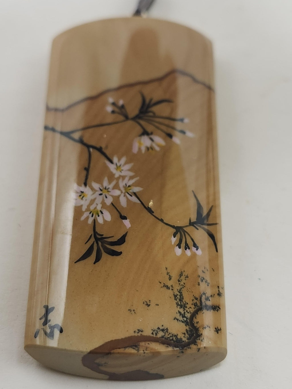 Hand Painted Stone Pendant Beige Brown Floral Branch Landscape Jewelry Cabochon