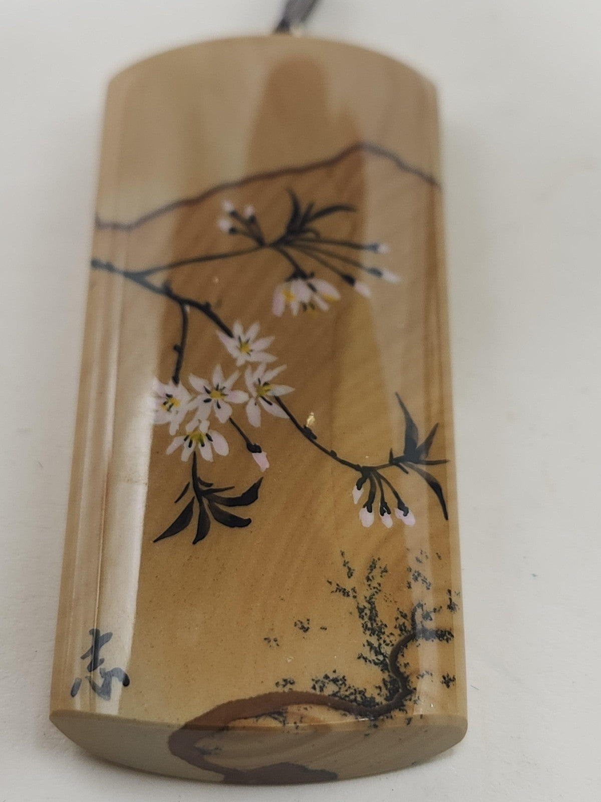 Hand Painted Stone Pendant Beige Brown Floral Branch Landscape Jewelry Cabochon
