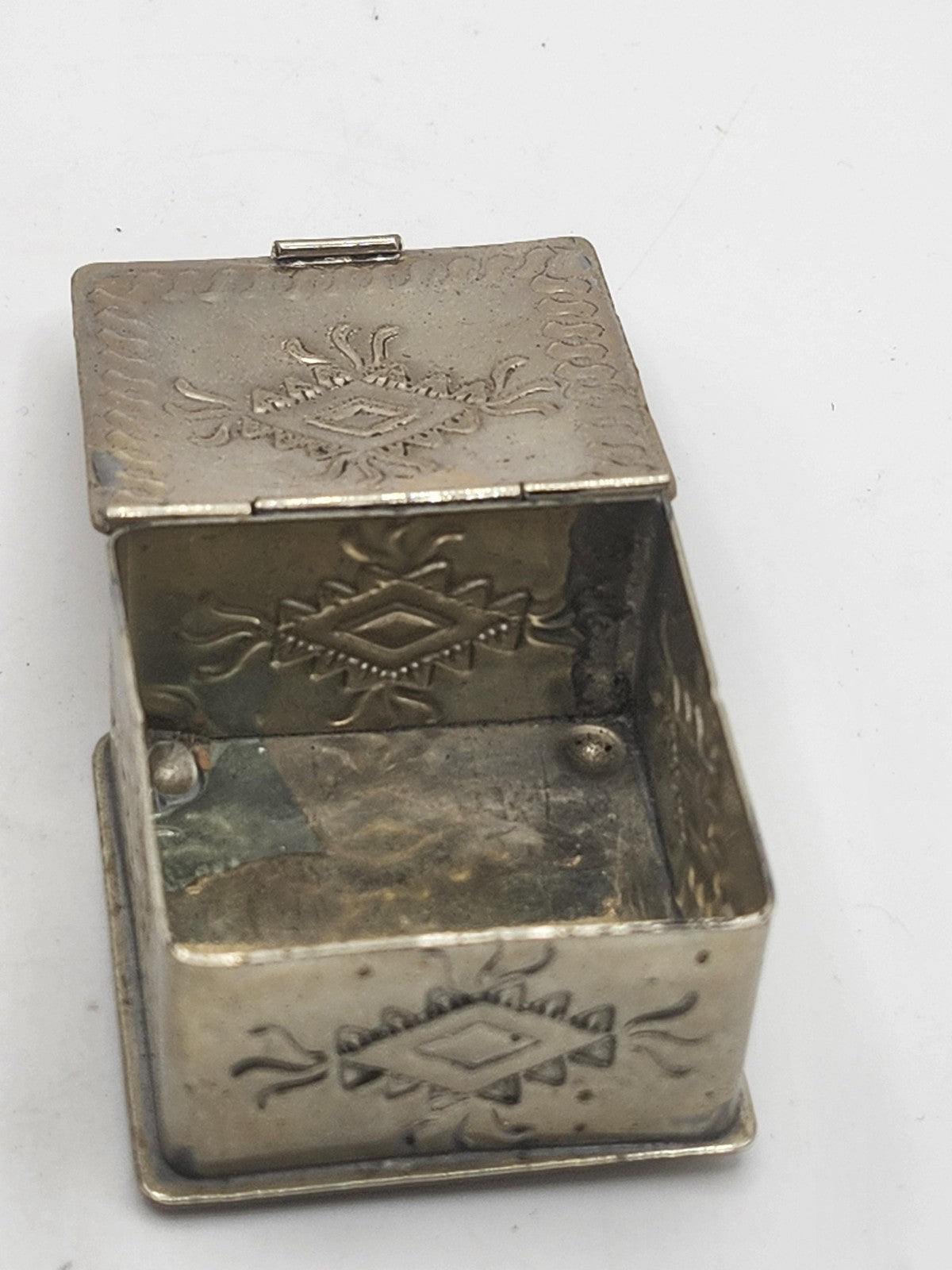 Small Silver Metal Trinket Box Southwestern Geometric Design Hinged Lid Decor