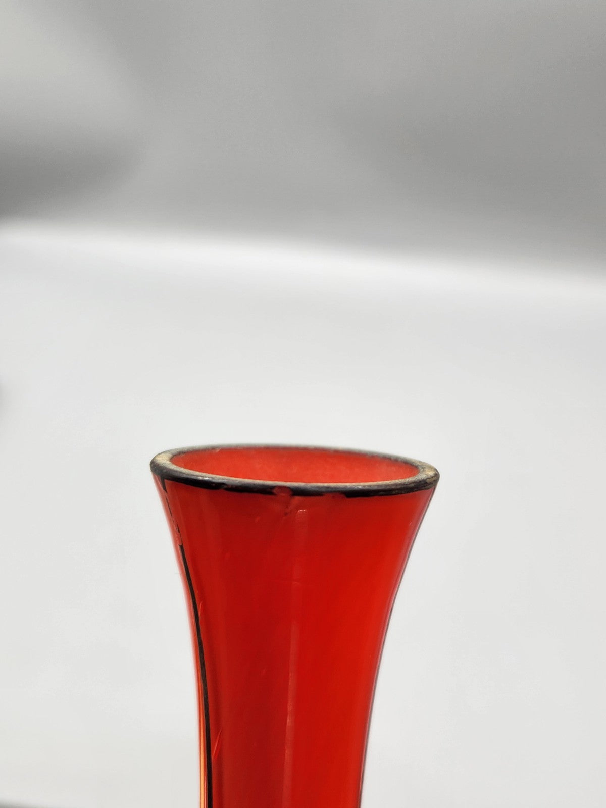 Vintage Czech Red Art Glass Bud Vase Hand Painted Floral 8” Bohemian Vase