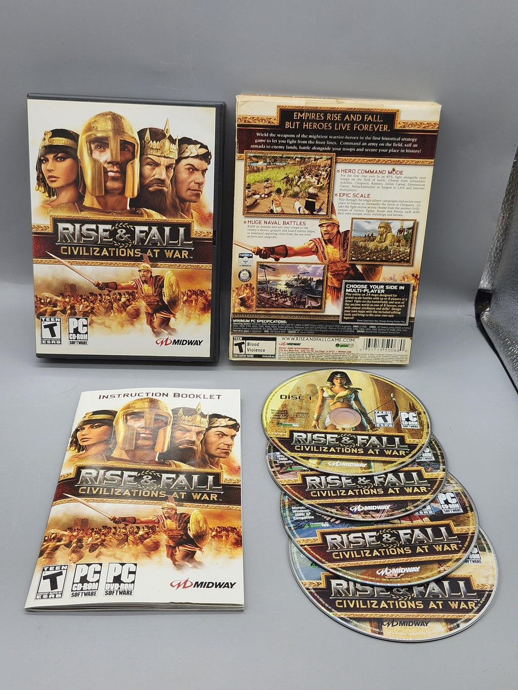 Rise & Fall Civilizations At War PC CD-ROM Game 4 Disc Manual Midway T Teen