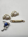 Crab Fish Bar Brooch Pin Lot Gold Silver Tone Faux Pearl Costume Jewelry Set