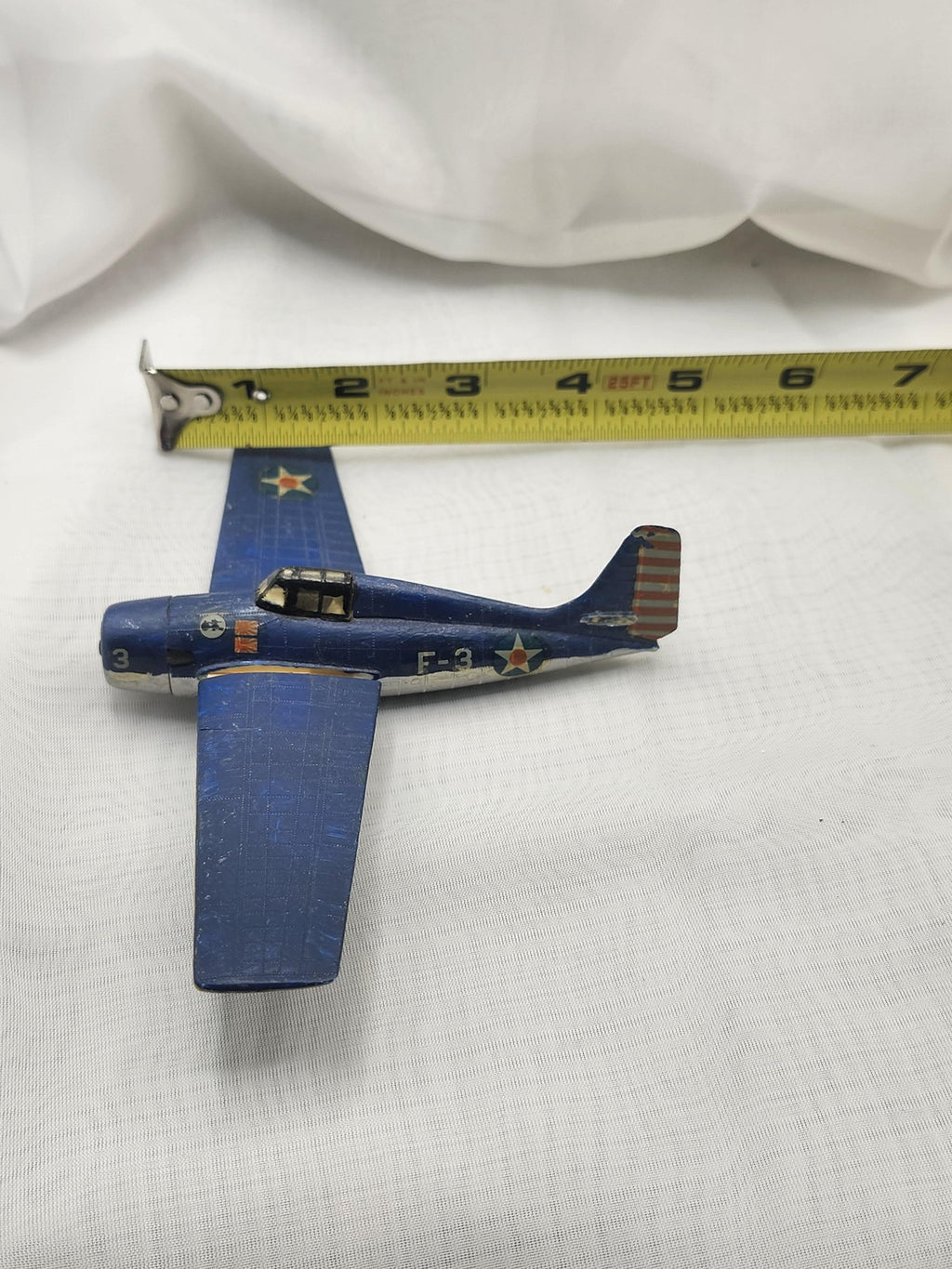 Vintage Blue Zamak Airplane Toy Small Military Fighter Plane 3 F-3 Stars