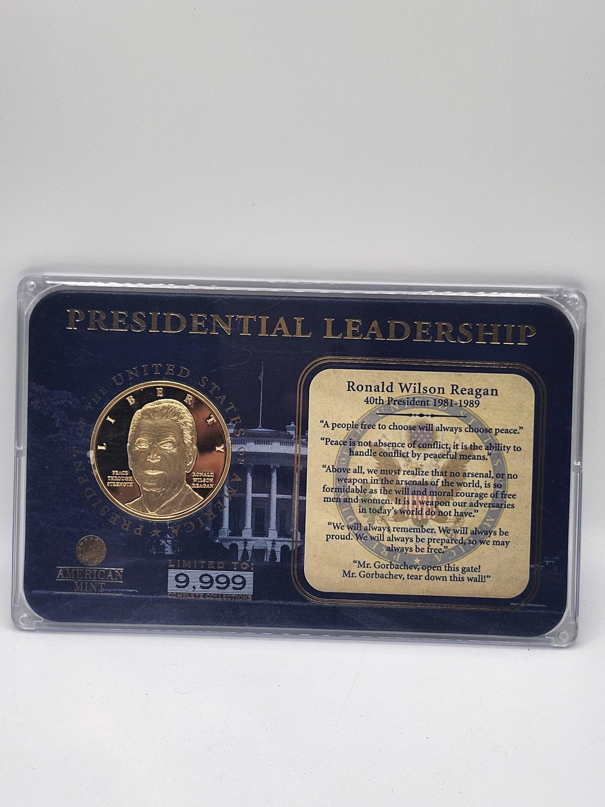 American Mint Ronald Reagan Presidential Leadership Gold Tone Medal 9999 Limited