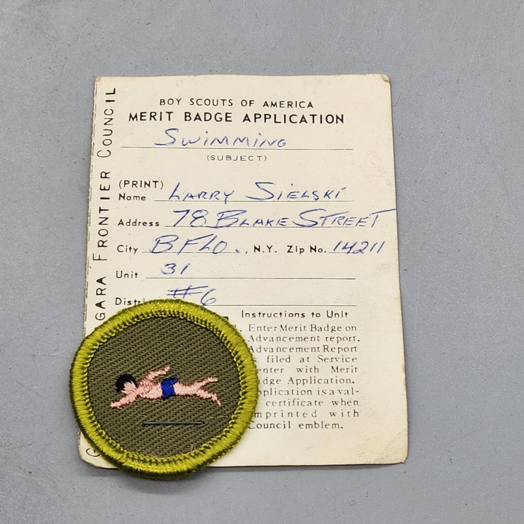 1968 Boy Scouts Swimming Merit Badge w/ Named Application Card – Buffalo NY