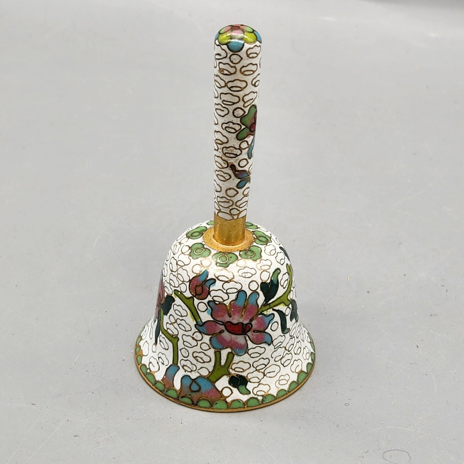 Vintage Cloisonné Enamel Bell Floral Design Decorative Brass Hand Bell 4"