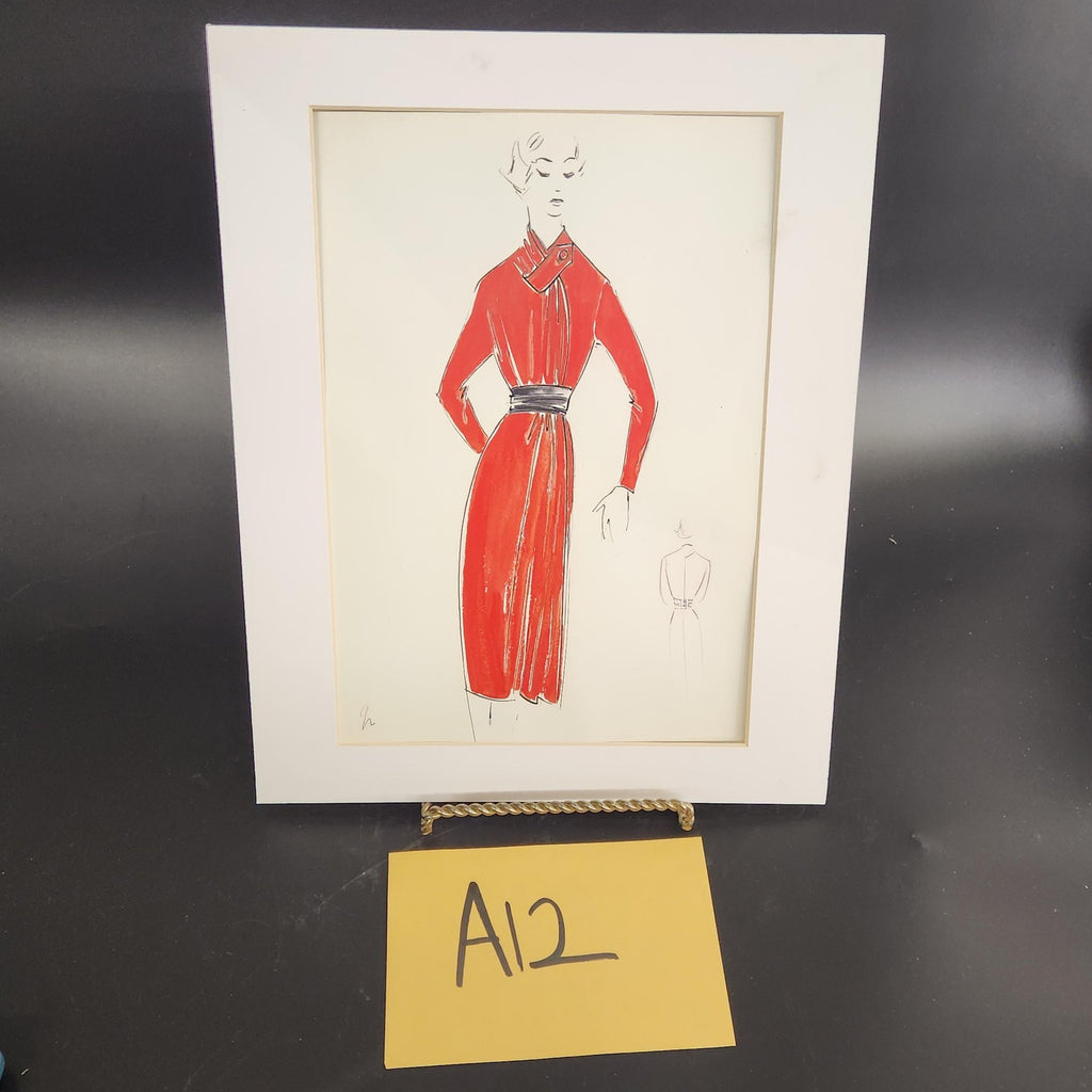 Fashion Woman Red Dress Original Ink Illustration Drawing Matted 14x11 Art