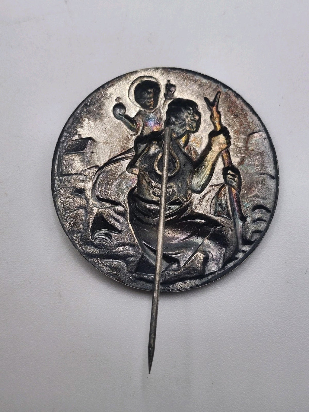 Vintage Saint Christopher Round Pin Silver Tone Religious Medal 1.75 Inch Gift