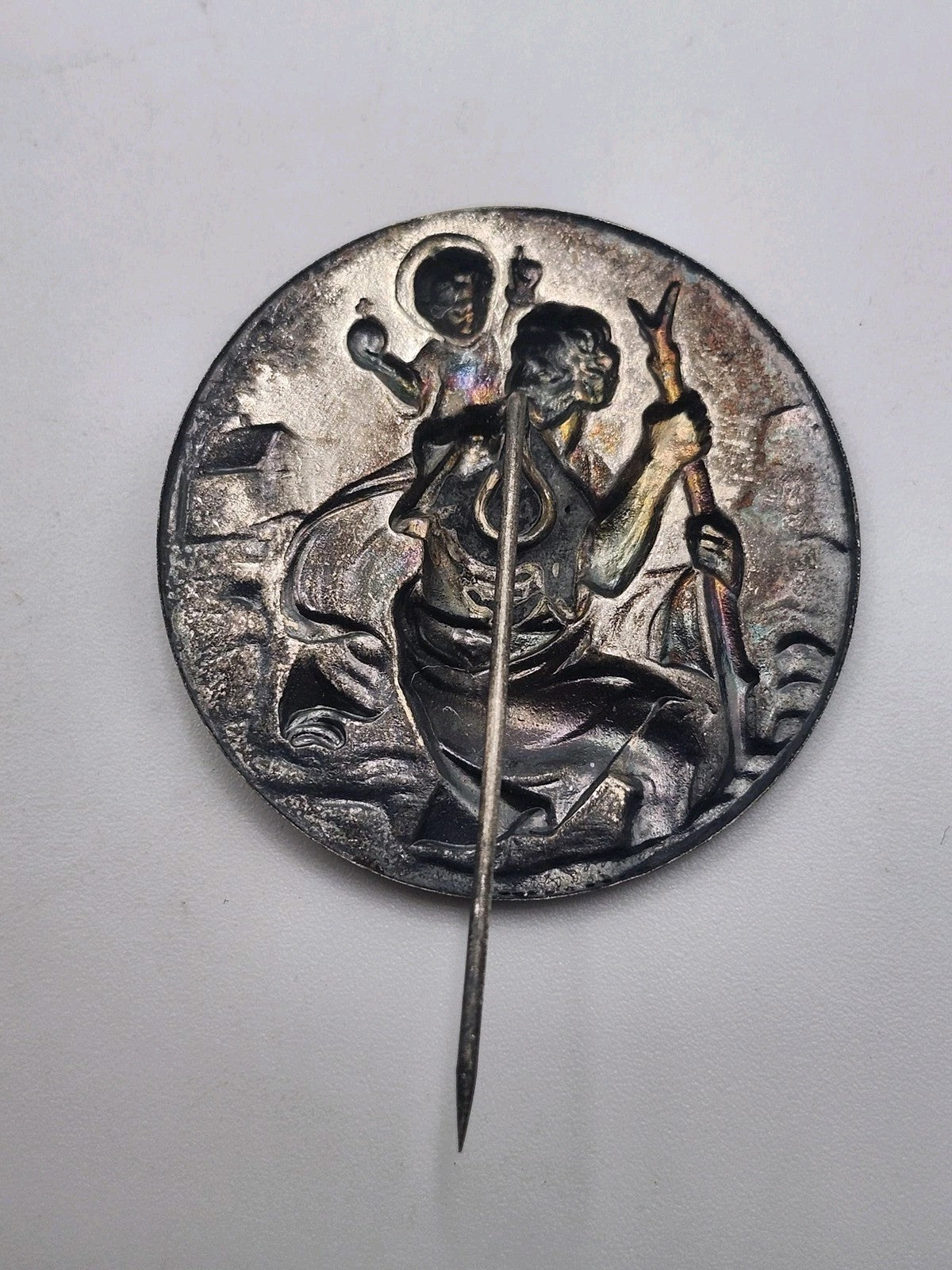 Vintage Saint Christopher Round Pin Silver Tone Religious Medal 1.75 Inch Gift