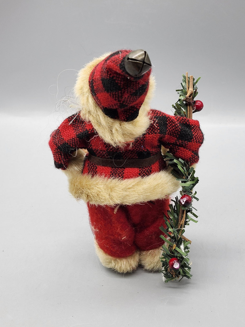 Buffalo Plaid Santa Claus Figurine Small Red Fabric Fur Christmas Tabletop Decor